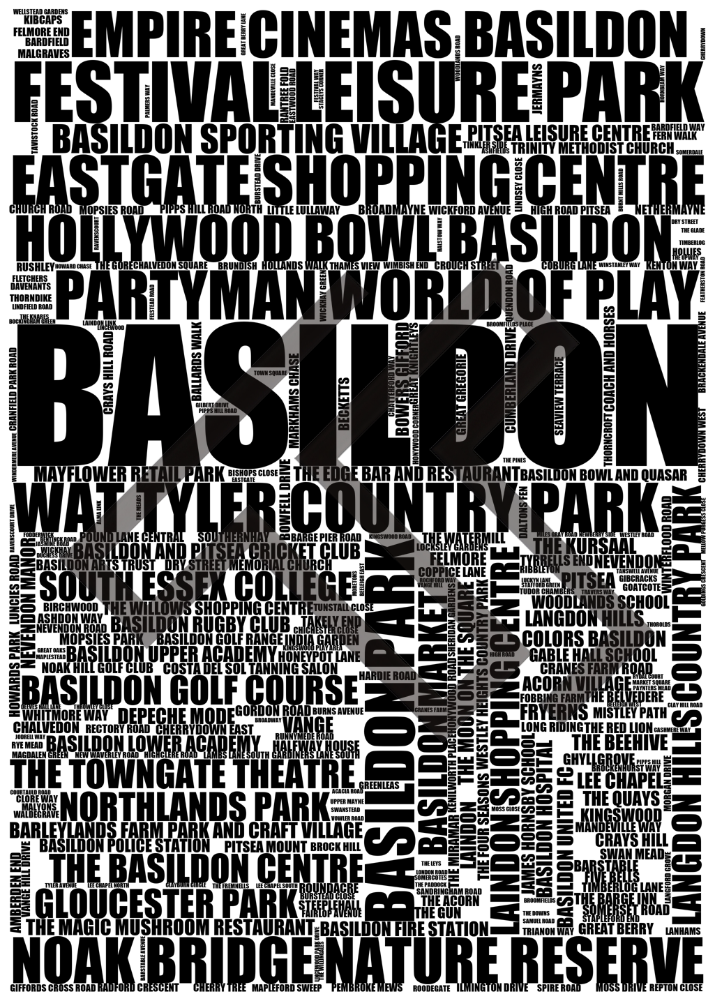 Basildon - Premium Typographic Word Cloud Prints, Posters & Gifts