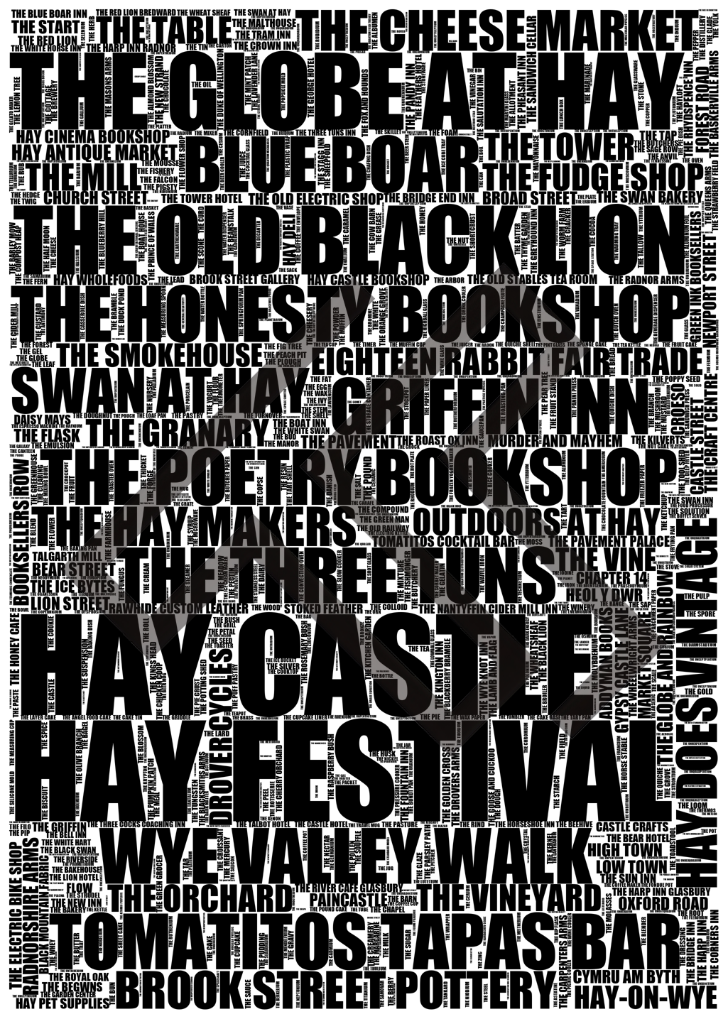 Hay-on-Wye - Premium Typographic Word Cloud Prints, Posters & Gifts