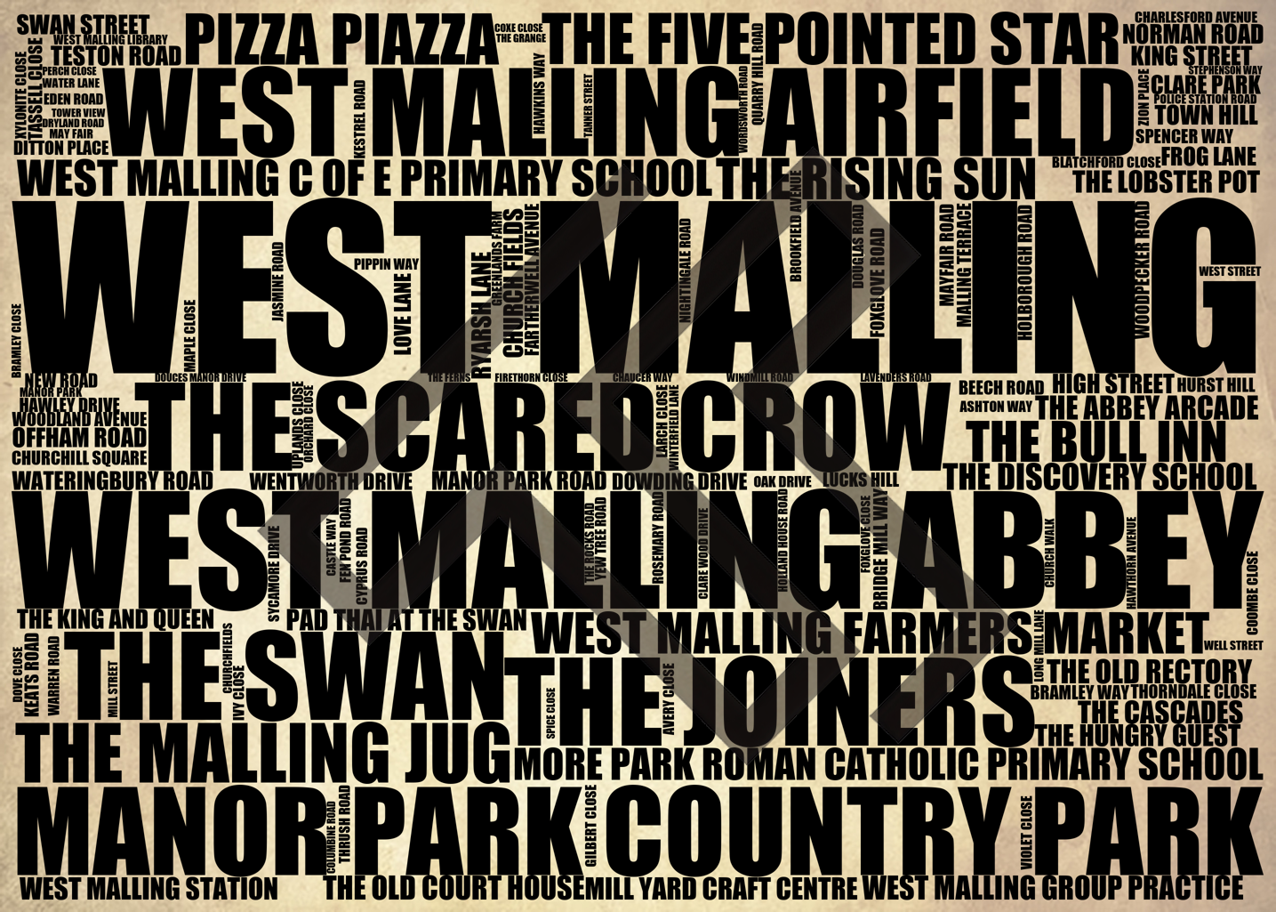 West Malling - Premium Typographic Word Cloud Prints, Posters & Gifts