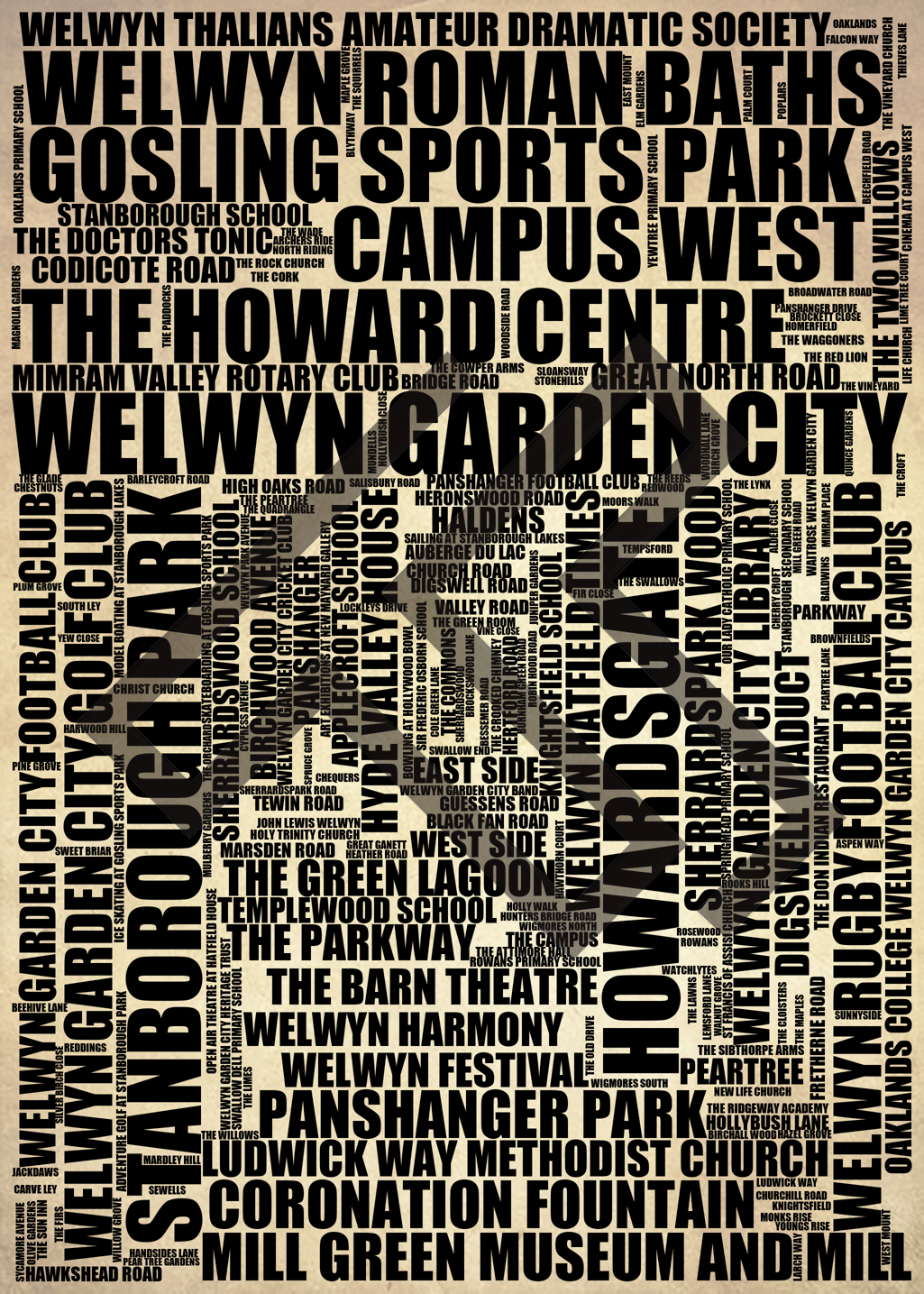 Welwyn Garden City - Premium Typographic Word Cloud Prints, Posters & Gifts