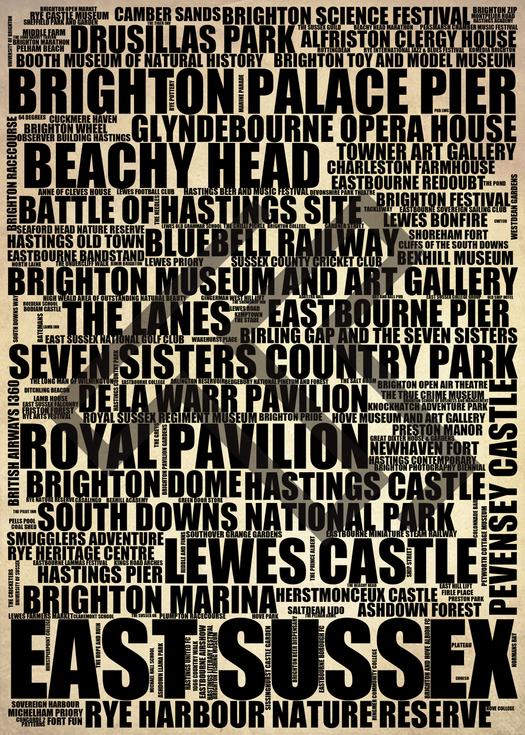 East Sussex - Premium Typographic Word Cloud Prints, Posters & Gifts