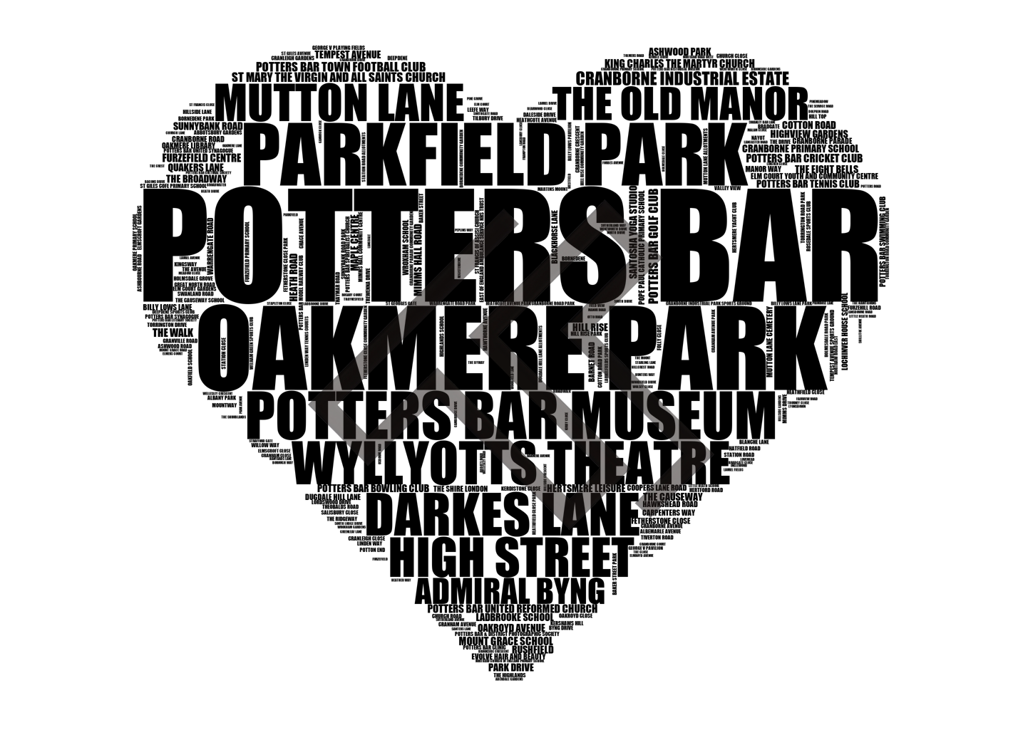 Potters Bar - Premium Typographic Word Cloud Prints, Posters & Gifts