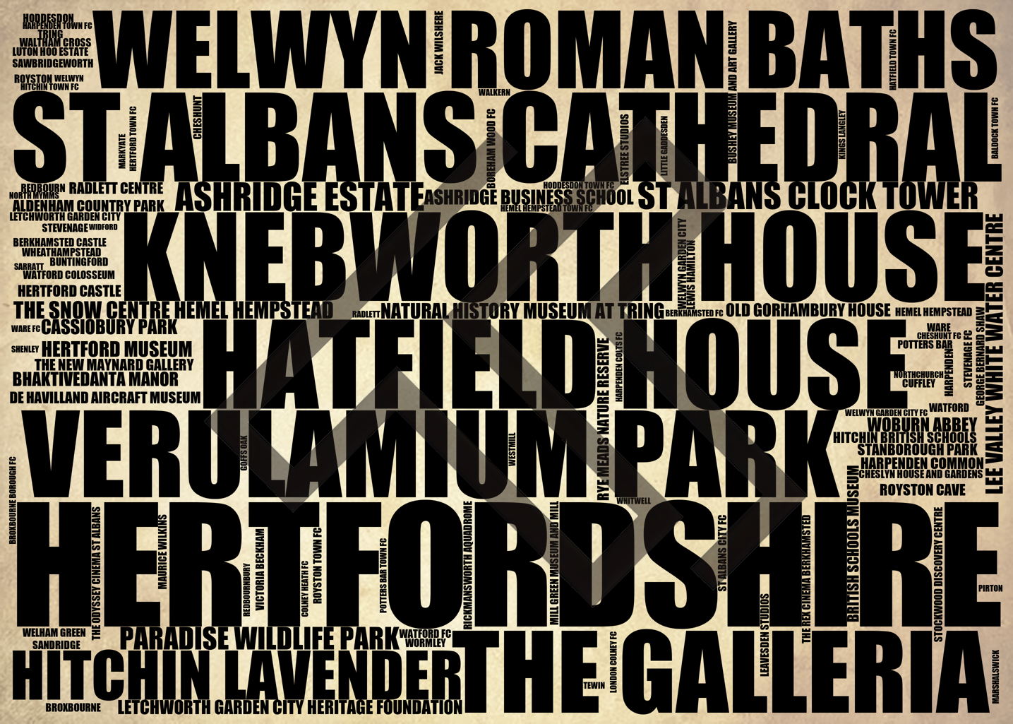 Hertfordshire - Premium Typographic Word Cloud Prints, Posters & Gifts