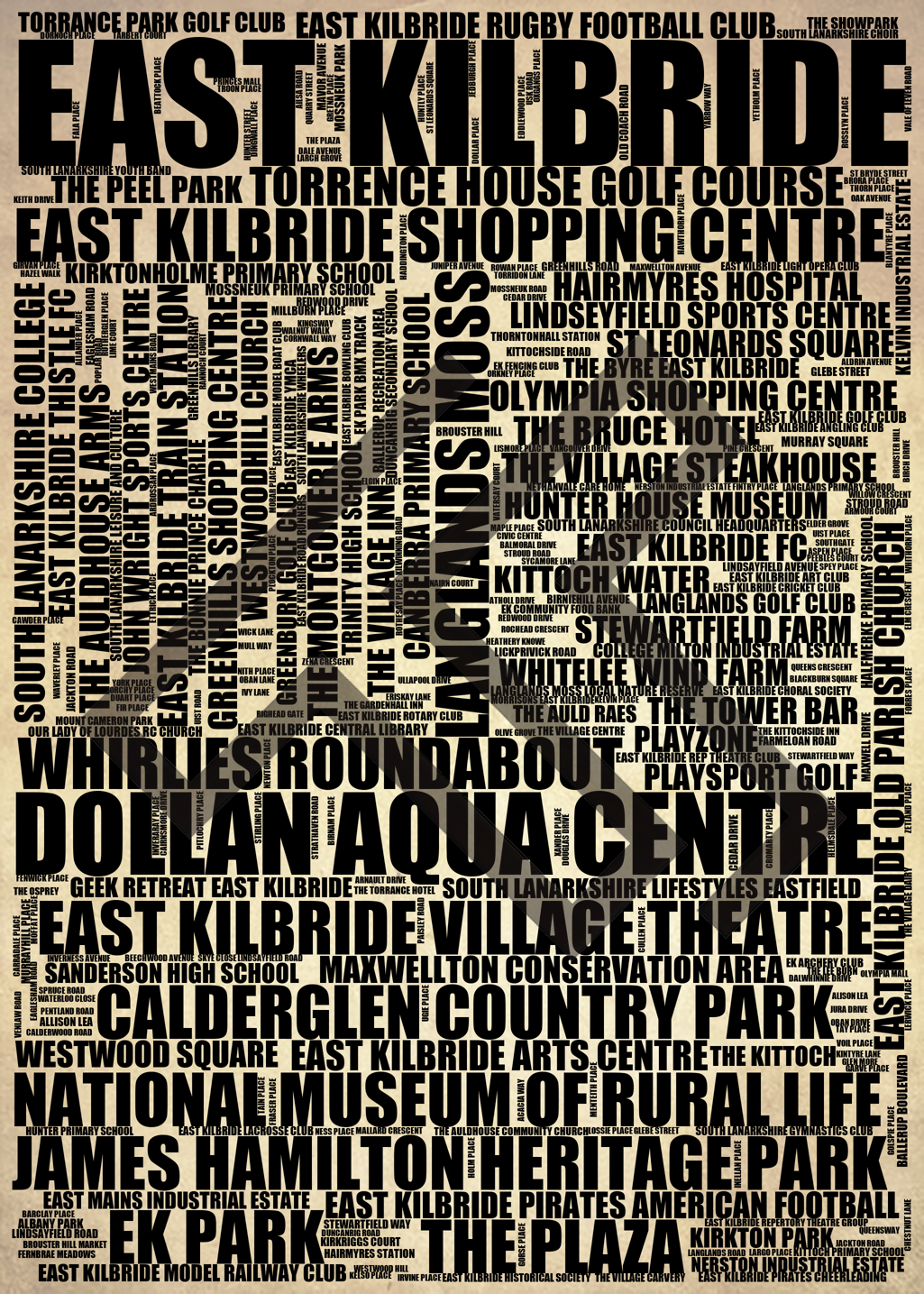 East Kilbride - Premium Typographic Word Cloud Prints, Posters & Gifts