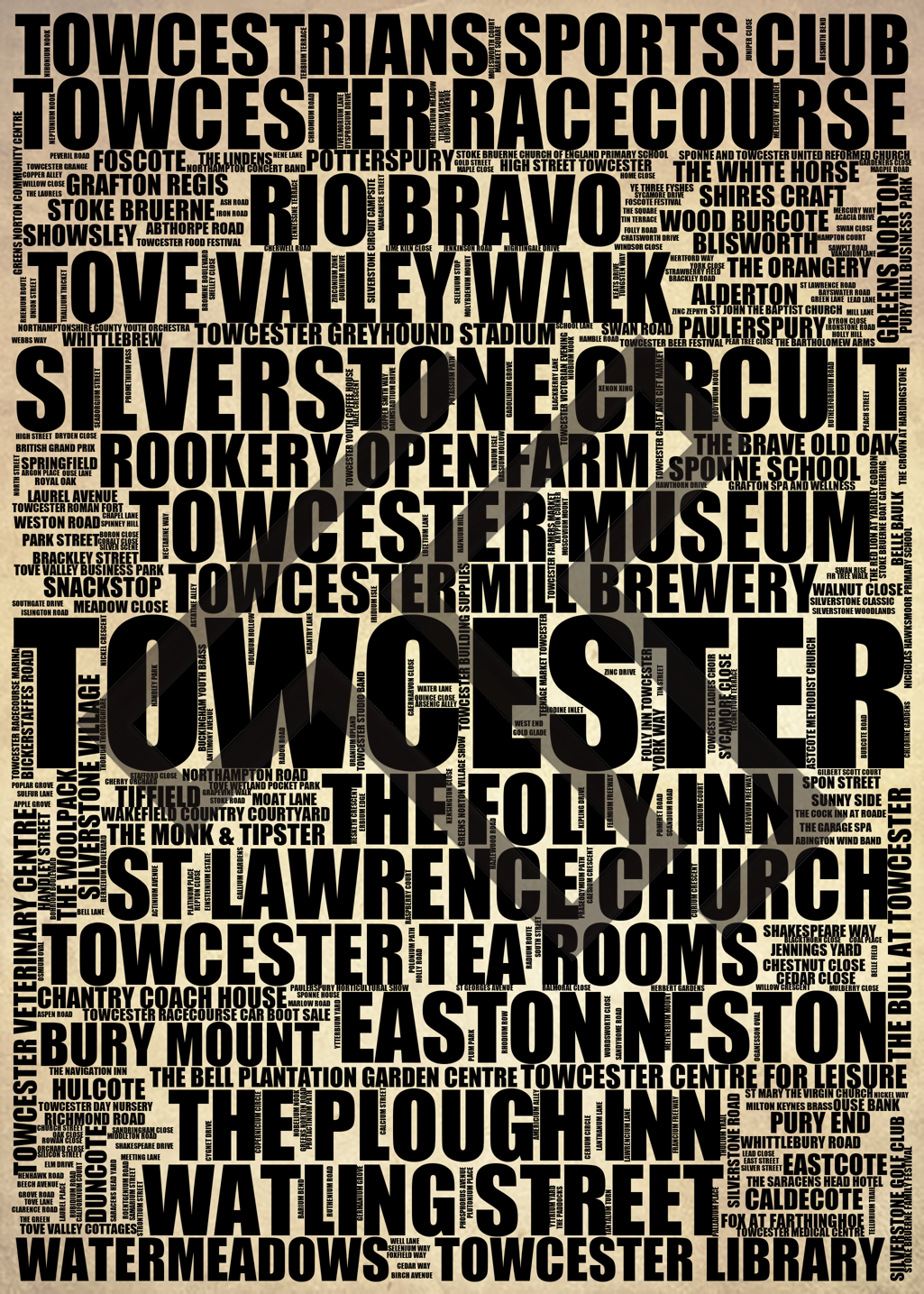 Towcester - Premium Typographic Word Cloud Prints, Posters & Gifts