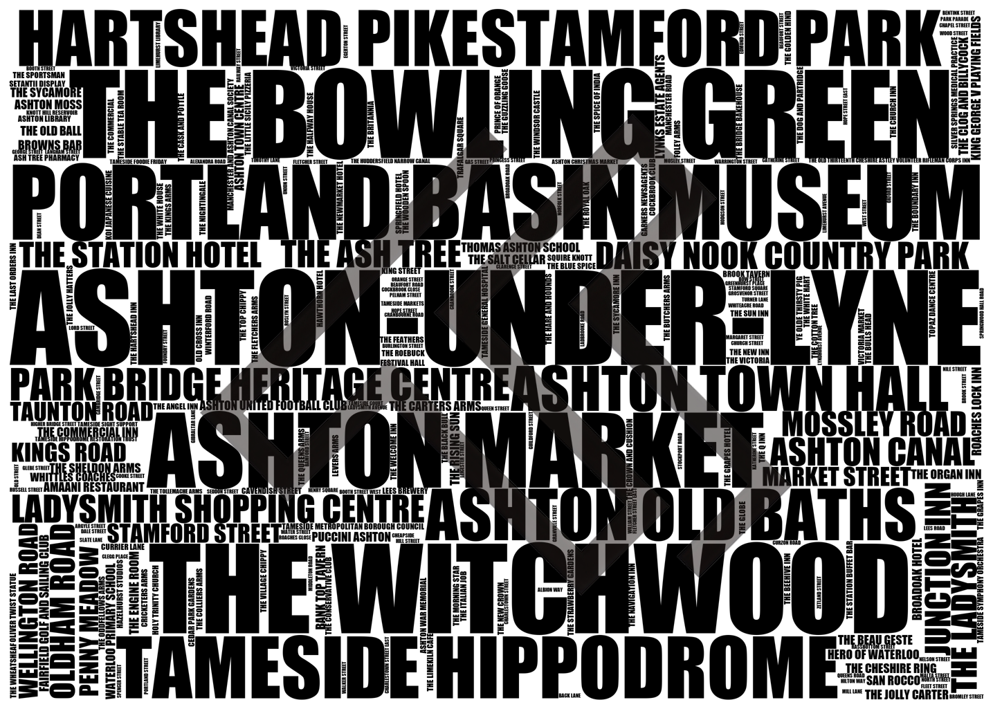 Ashton-under-Lyne - Premium Typographic Word Cloud Prints, Posters & Gifts