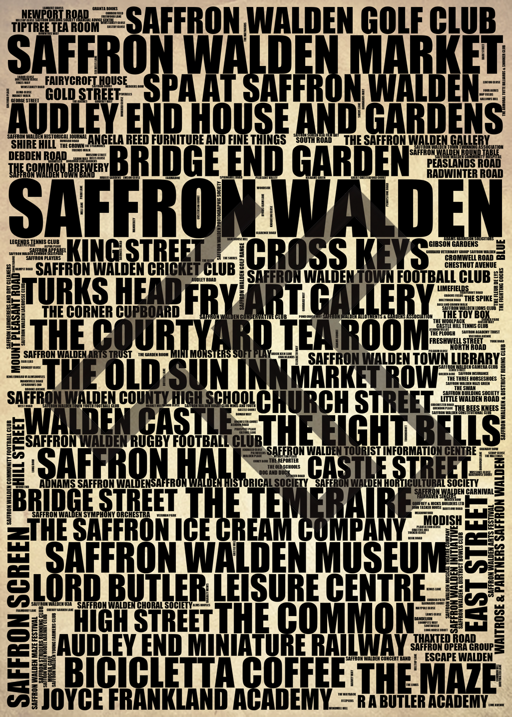 Saffron Walden - Premium Typographic Word Cloud Prints, Posters & Gifts