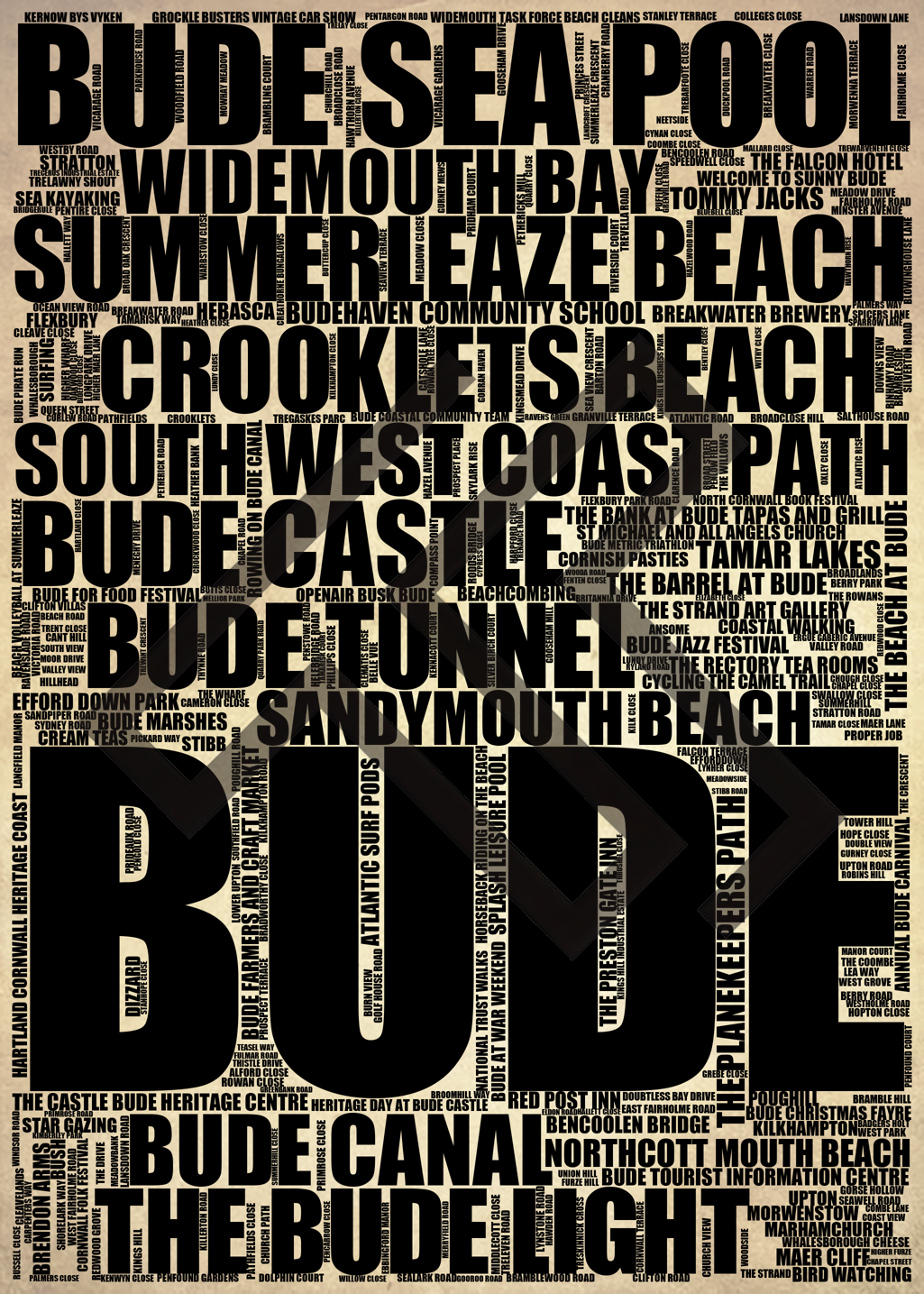 Bude - Premium Typographic Word Cloud Prints, Posters & Gifts