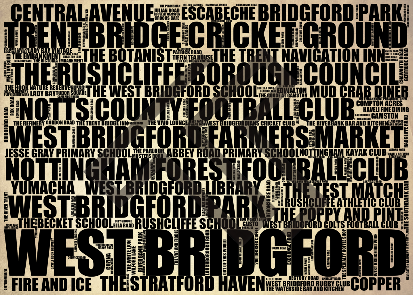 West Bridgford - Premium Typographic Word Cloud Prints, Posters & Gifts