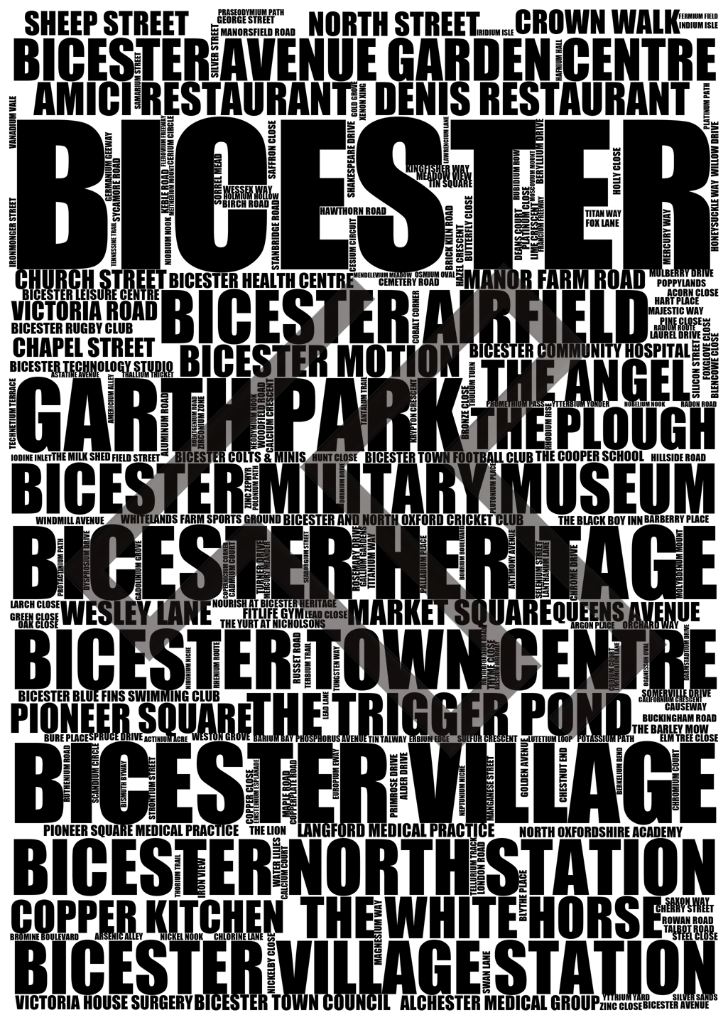 Bicester - Premium Typographic Word Cloud Prints, Posters & Gifts