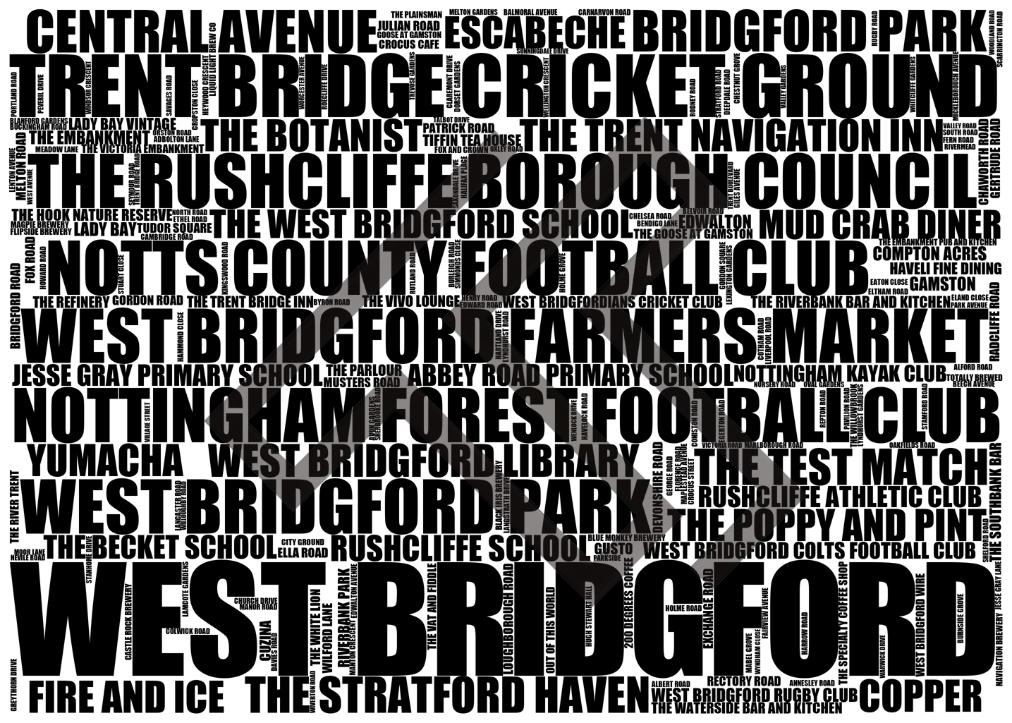 West Bridgford - Premium Typographic Word Cloud Prints, Posters & Gifts