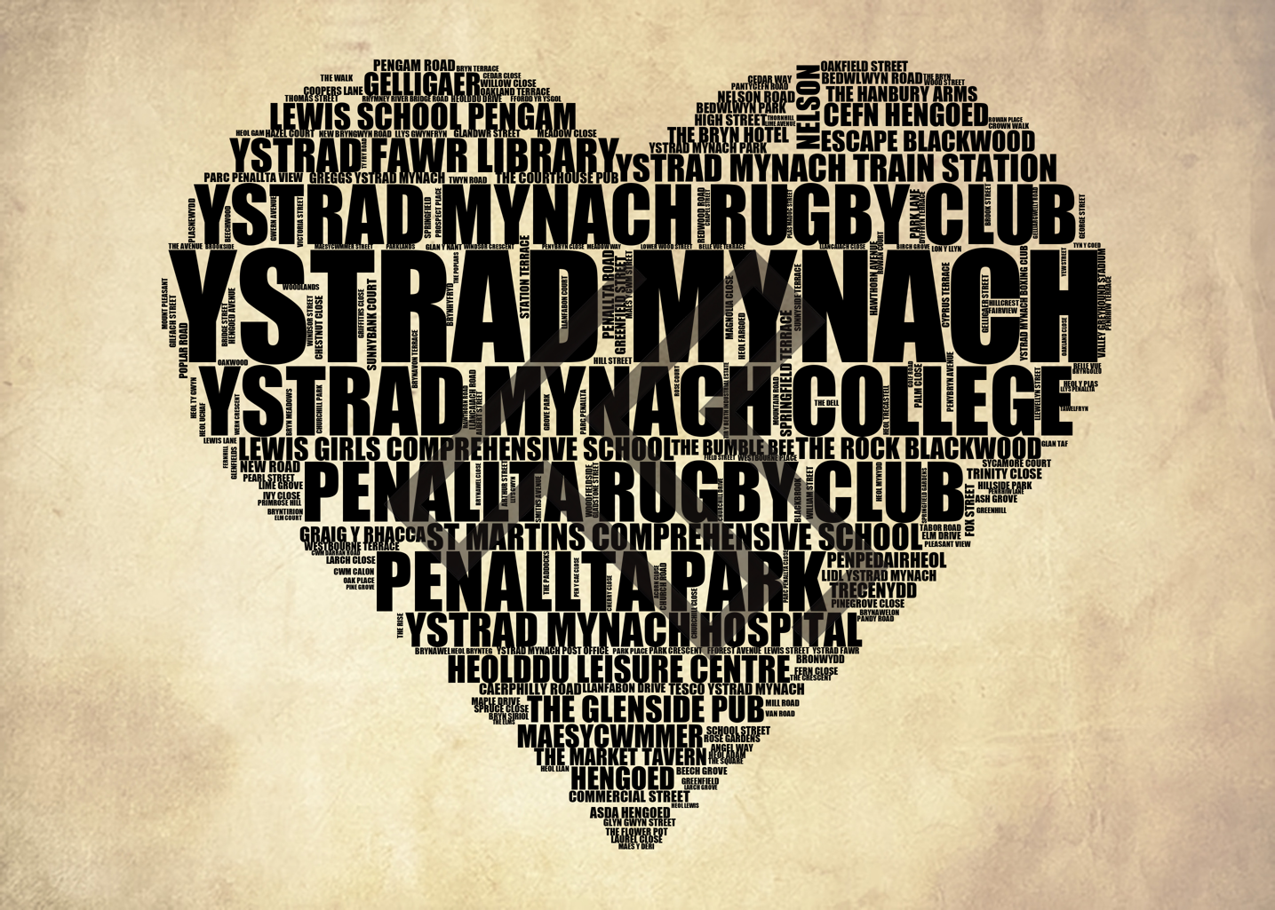 Ystrad Mynach - Premium Typographic Word Cloud Prints, Posters & Gifts