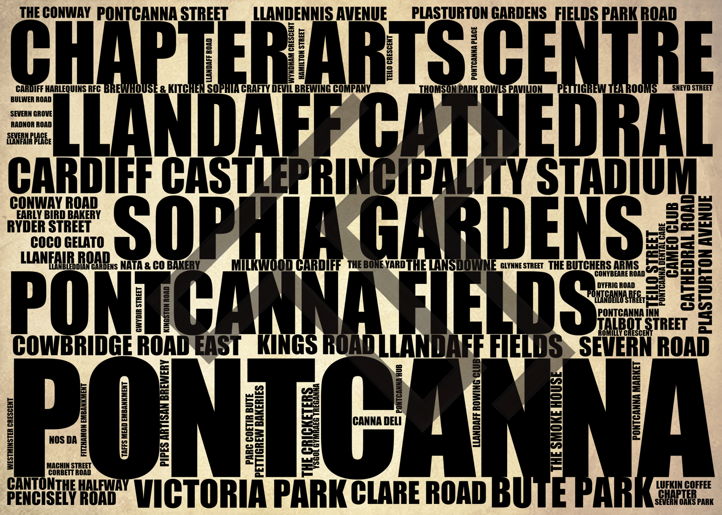 Pontcanna - Premium Typographic Word Cloud Prints, Posters & Gifts