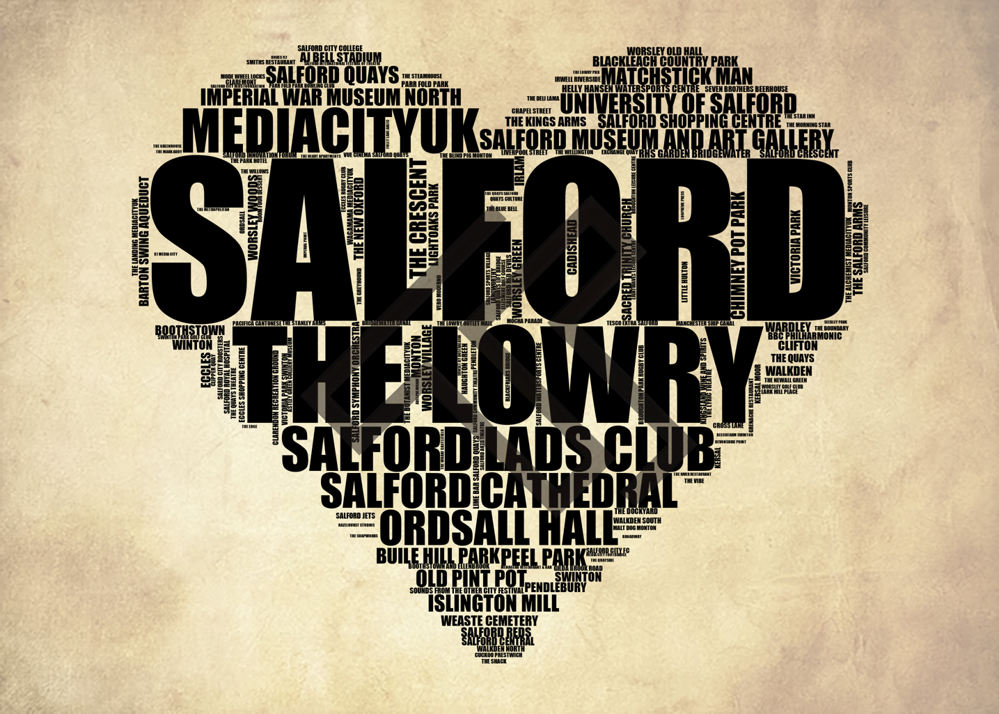Salford - Premium Typographic Word Cloud Prints, Posters & Gifts