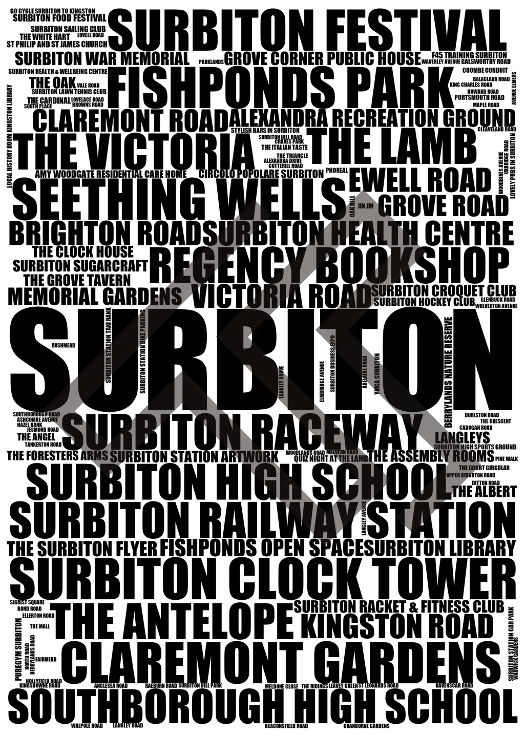 Surbiton - Premium Typographic Word Cloud Prints, Posters & Gifts