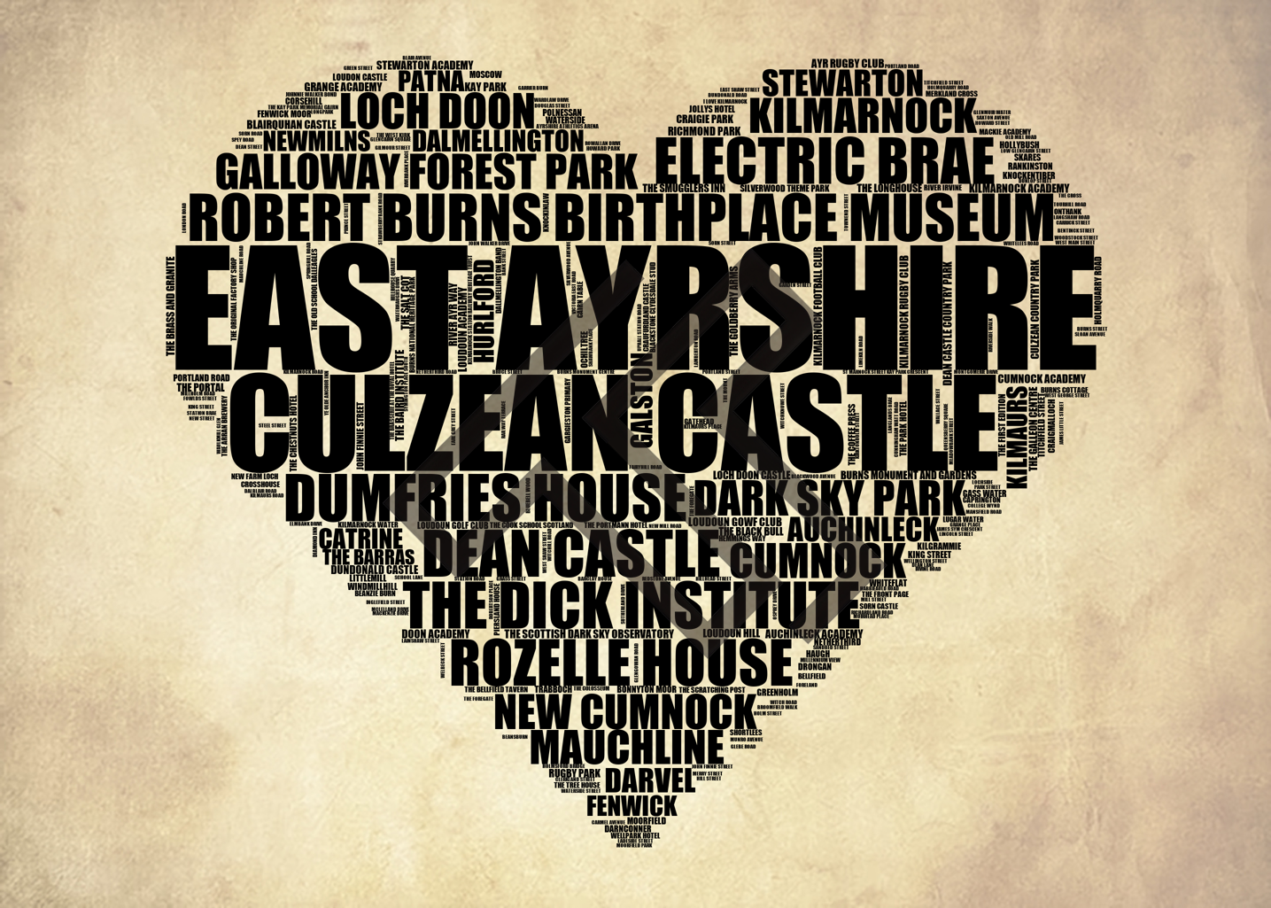 East Ayrshire - Premium Typographic Word Cloud Prints, Posters & Gifts