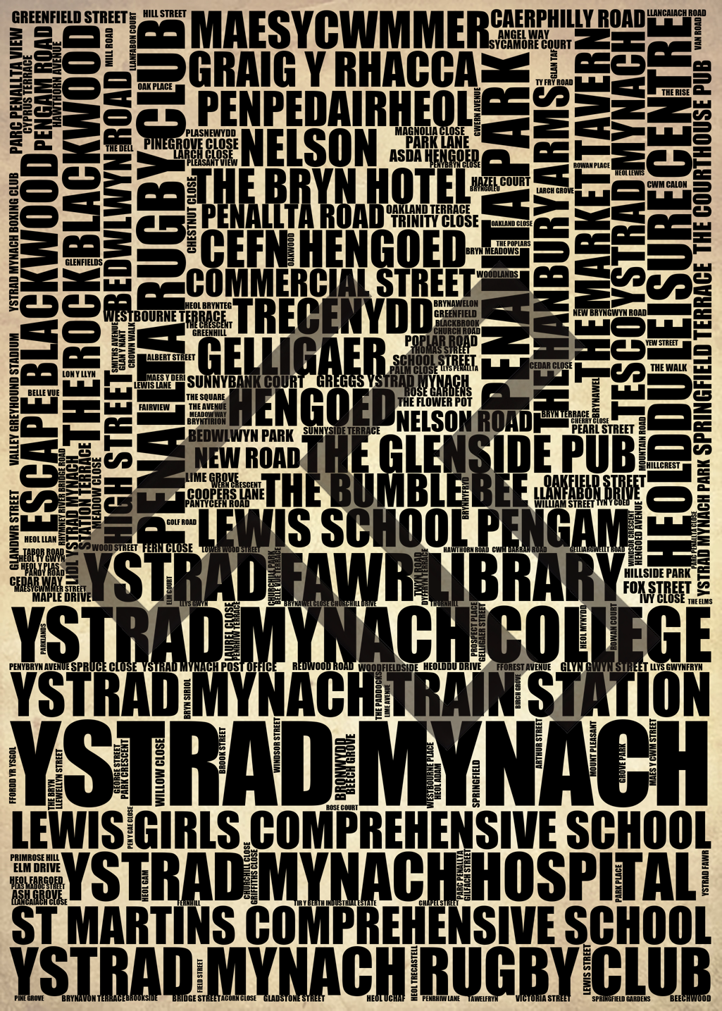 Ystrad Mynach - Premium Typographic Word Cloud Prints, Posters & Gifts