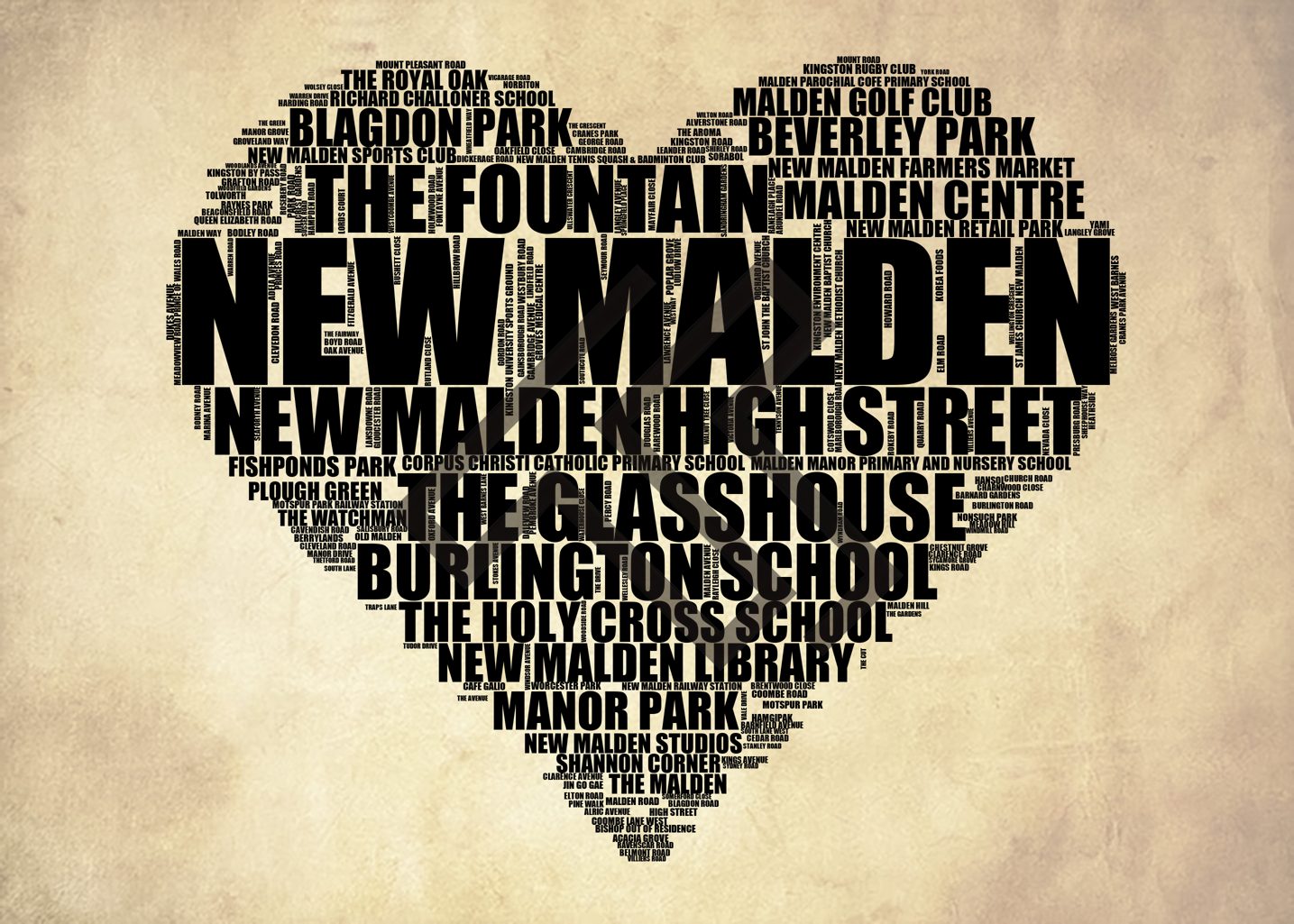 New Malden - Premium Typographic Word Cloud Prints, Posters & Gifts