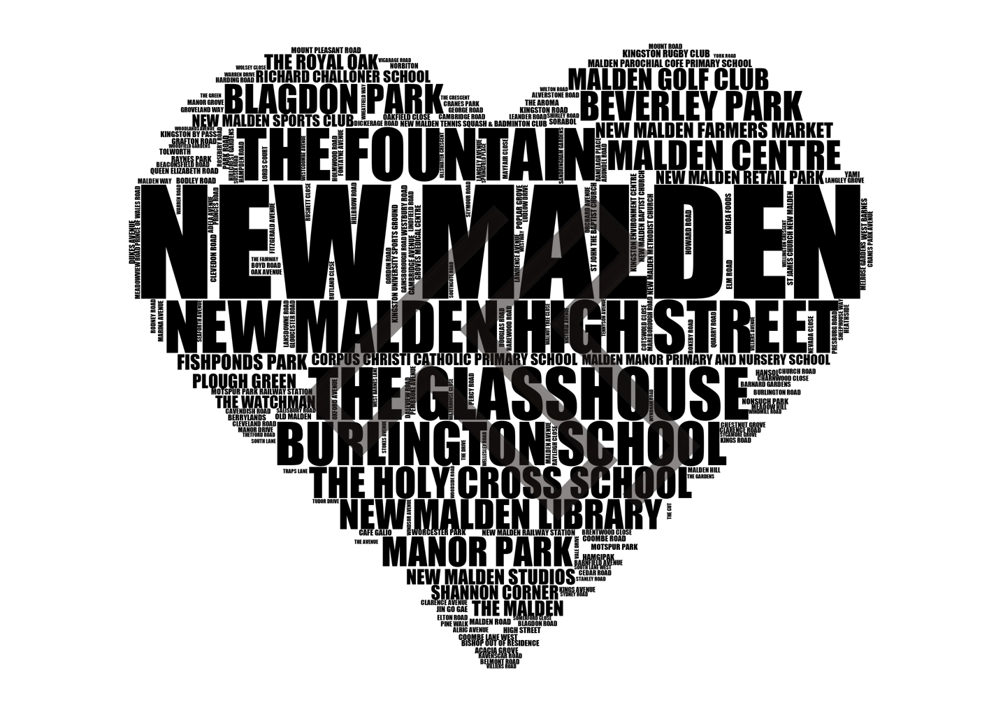 New Malden - Premium Typographic Word Cloud Prints, Posters & Gifts