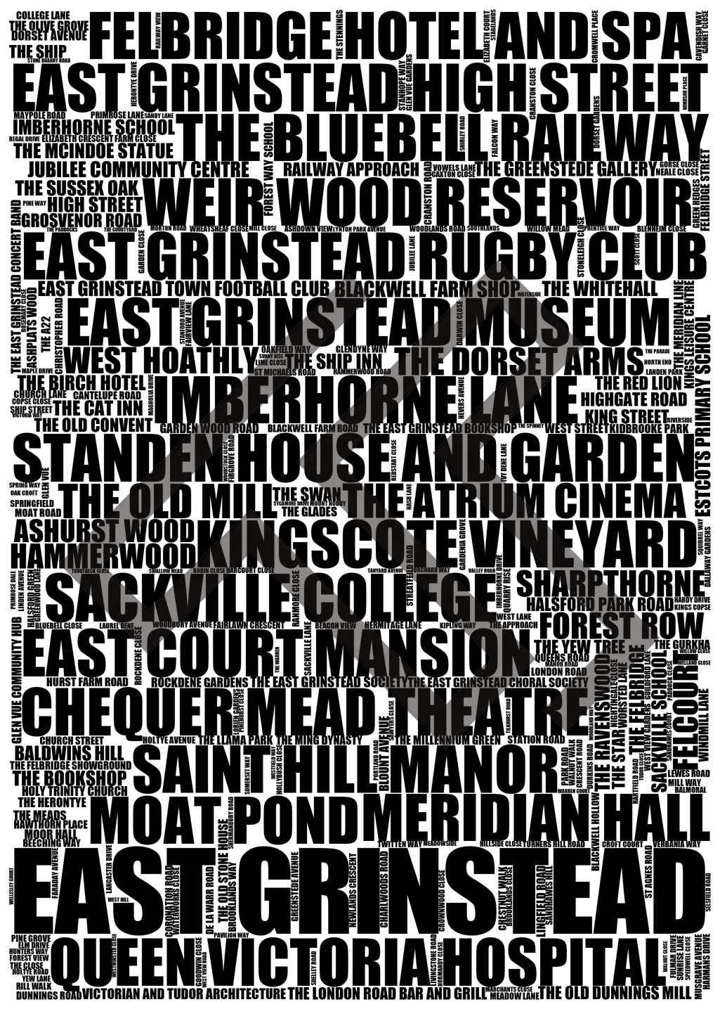 East Grinstead - Premium Typographic Word Cloud Prints, Posters & Gifts