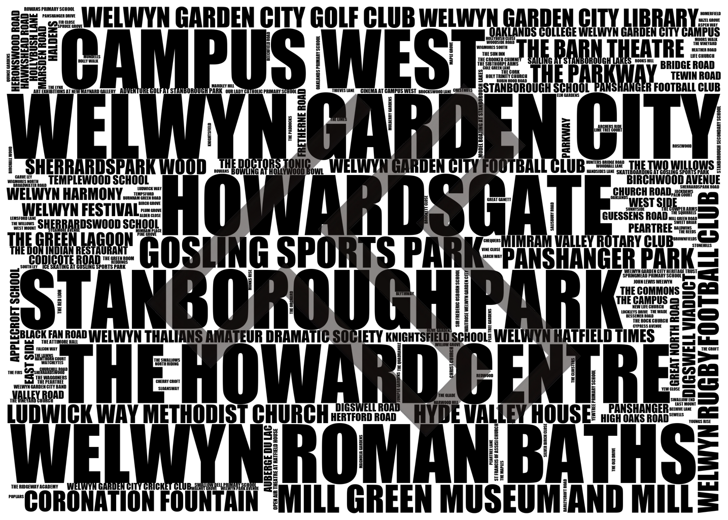 Welwyn Garden City - Premium Typographic Word Cloud Prints, Posters & Gifts