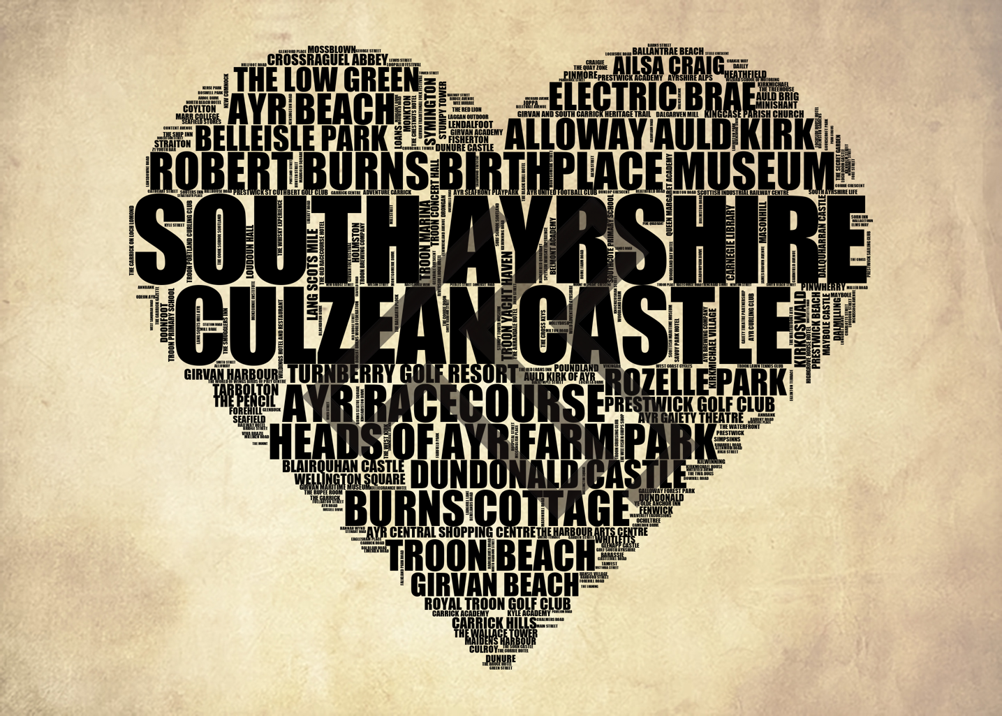 South Ayrshire - Premium Typographic Word Cloud Prints, Posters & Gifts