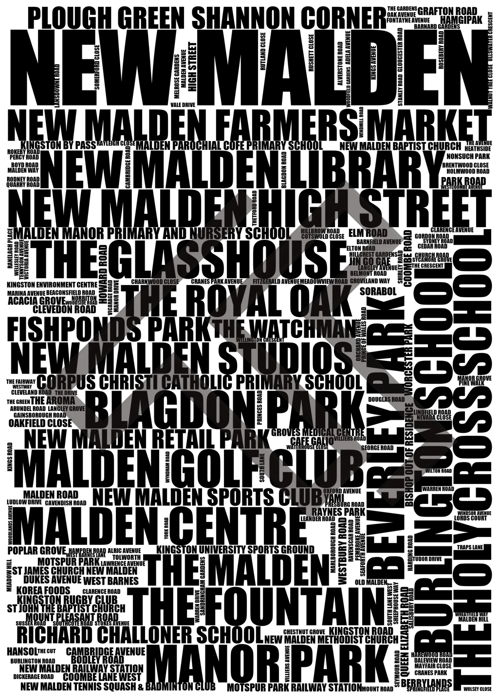 New Malden - Premium Typographic Word Cloud Prints, Posters & Gifts