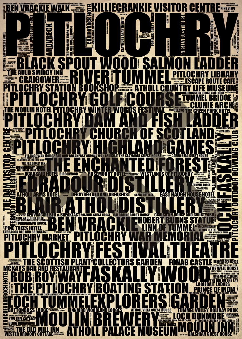 Pitlochry - Premium Typographic Word Cloud Prints, Posters & Gifts