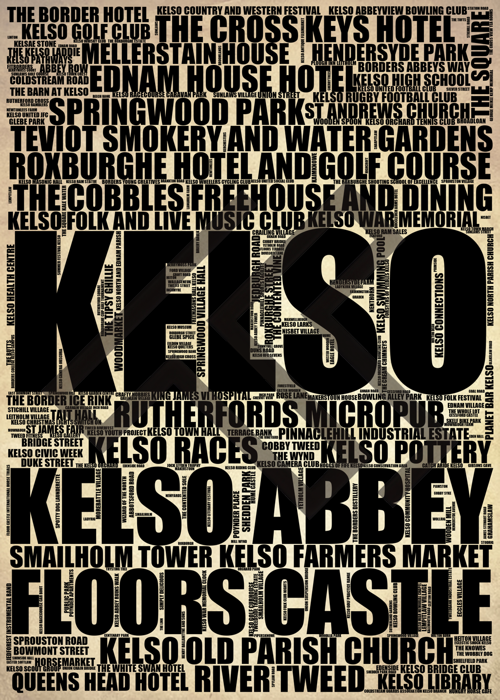 Kelso - Premium Typographic Word Cloud Prints, Posters & Gifts