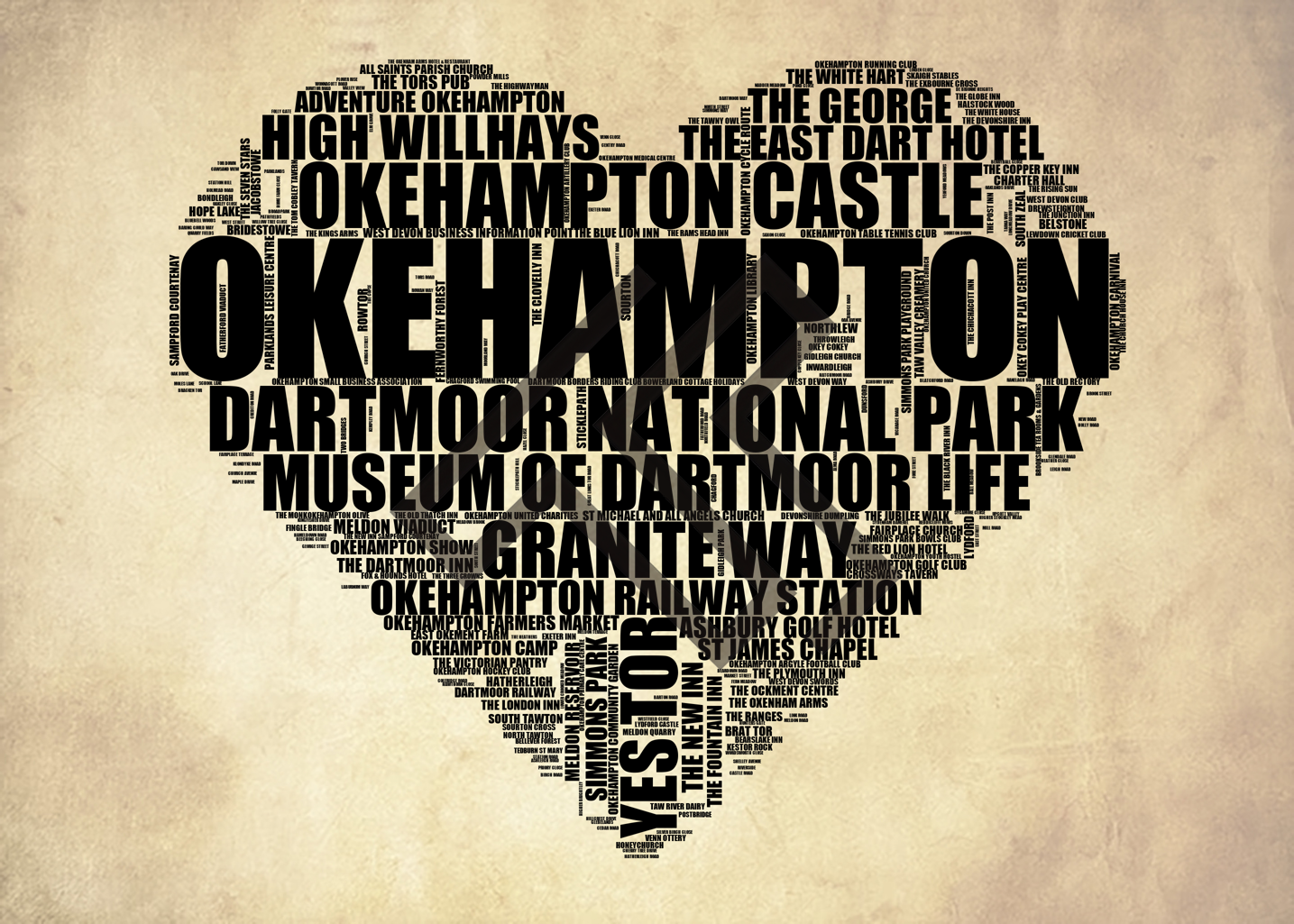 Okehampton - Premium Typographic Word Cloud Prints, Posters & Gifts