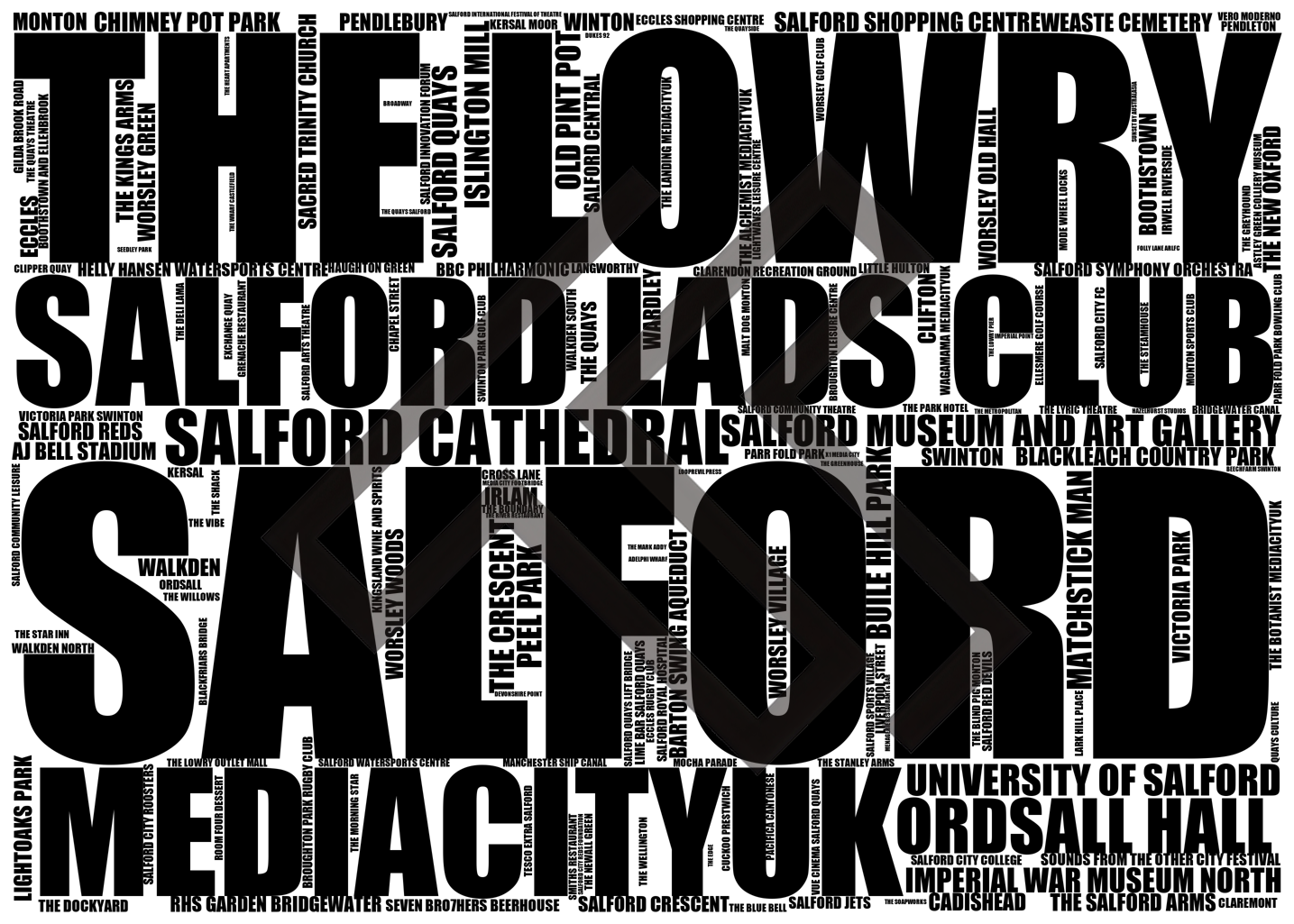 Salford - Premium Typographic Word Cloud Prints, Posters & Gifts