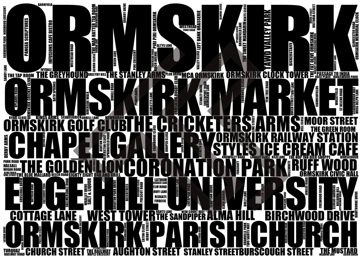 Ormskirk - Premium Typographic Word Cloud Prints, Posters & Gifts