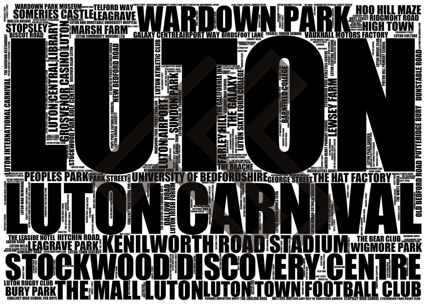 Luton - Premium Typographic Word Cloud Prints, Posters & Gifts