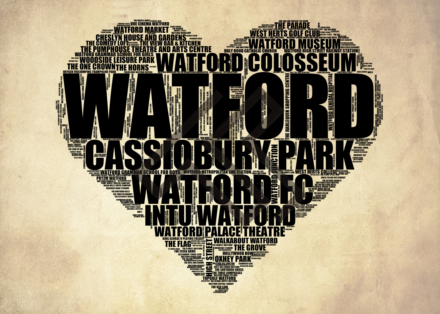 Watford - Premium Typographic Word Cloud Prints, Posters & Gifts