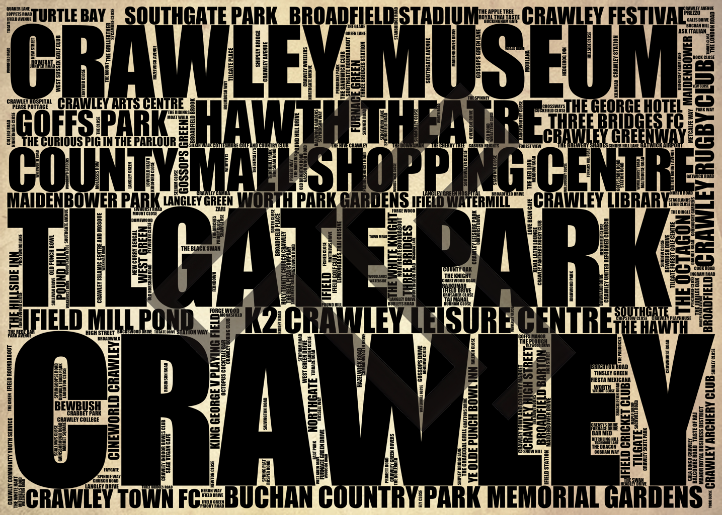 Crawley - Premium Typographic Word Cloud Prints, Posters & Gifts