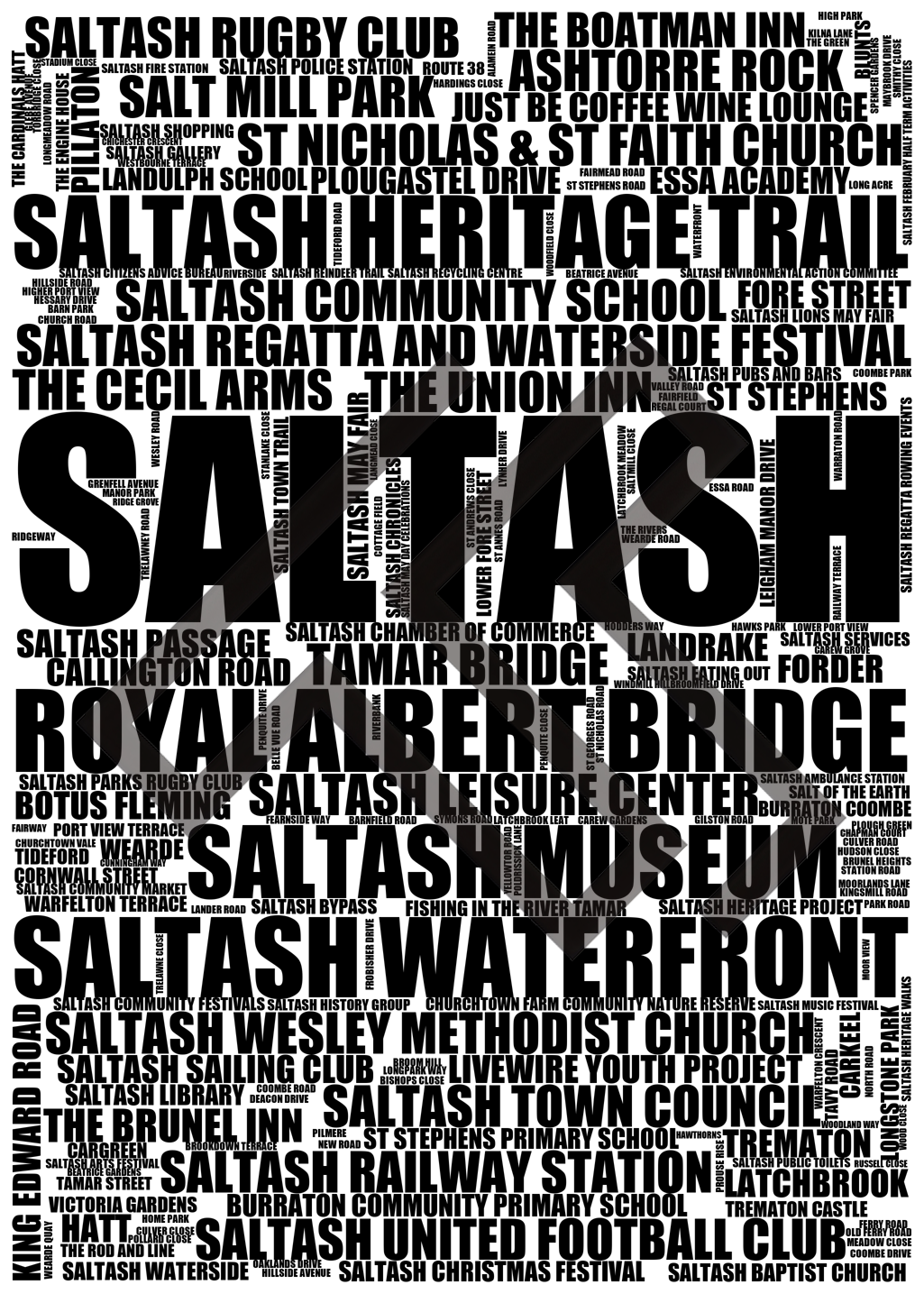 Saltash - Premium Typographic Word Cloud Prints, Posters & Gifts