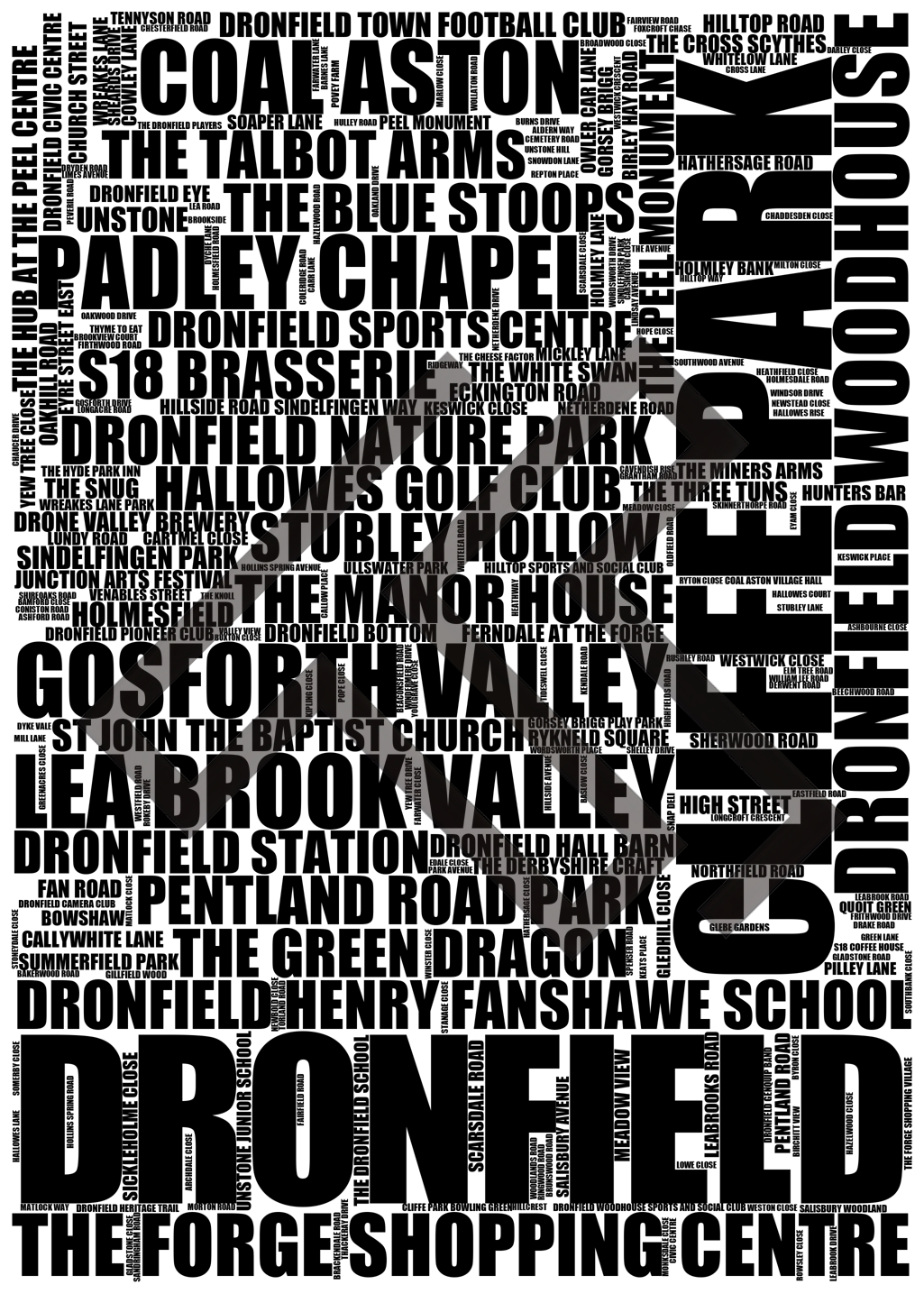 Dronfield - Premium Typographic Word Cloud Prints, Posters & Gifts