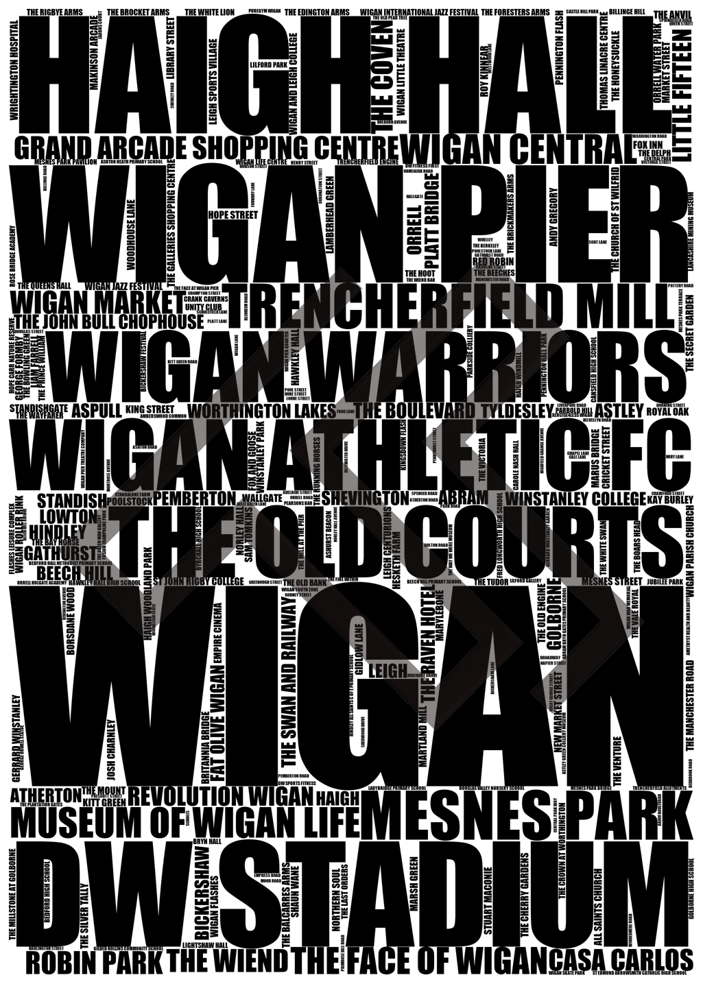 Wigan - Premium Typographic Word Cloud Prints, Posters & Gifts