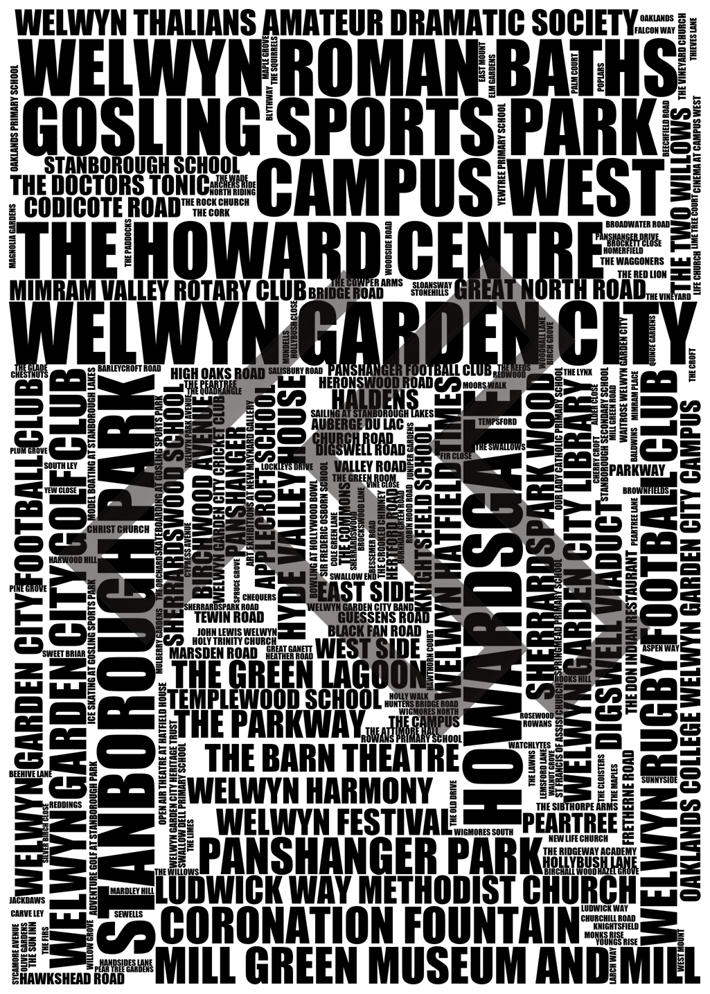 Welwyn Garden City - Premium Typographic Word Cloud Prints, Posters & Gifts