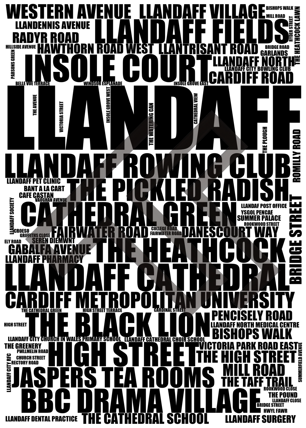 Llandaff - Premium Typographic Word Cloud Prints, Posters & Gifts