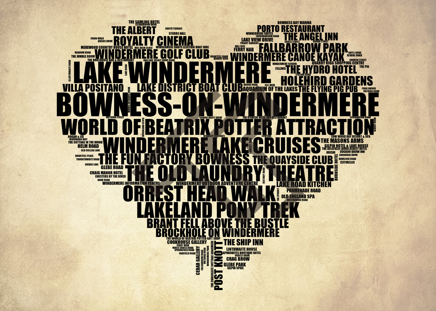 Bowness-on-Windermere - Premium Typographic Word Cloud Prints, Posters & Gifts