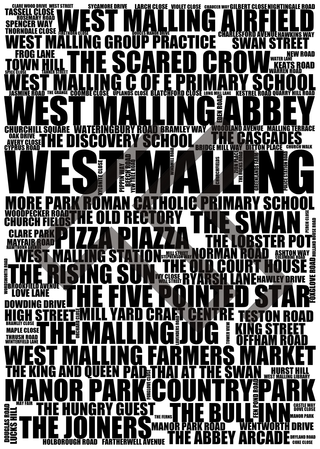 West Malling - Premium Typographic Word Cloud Prints, Posters & Gifts