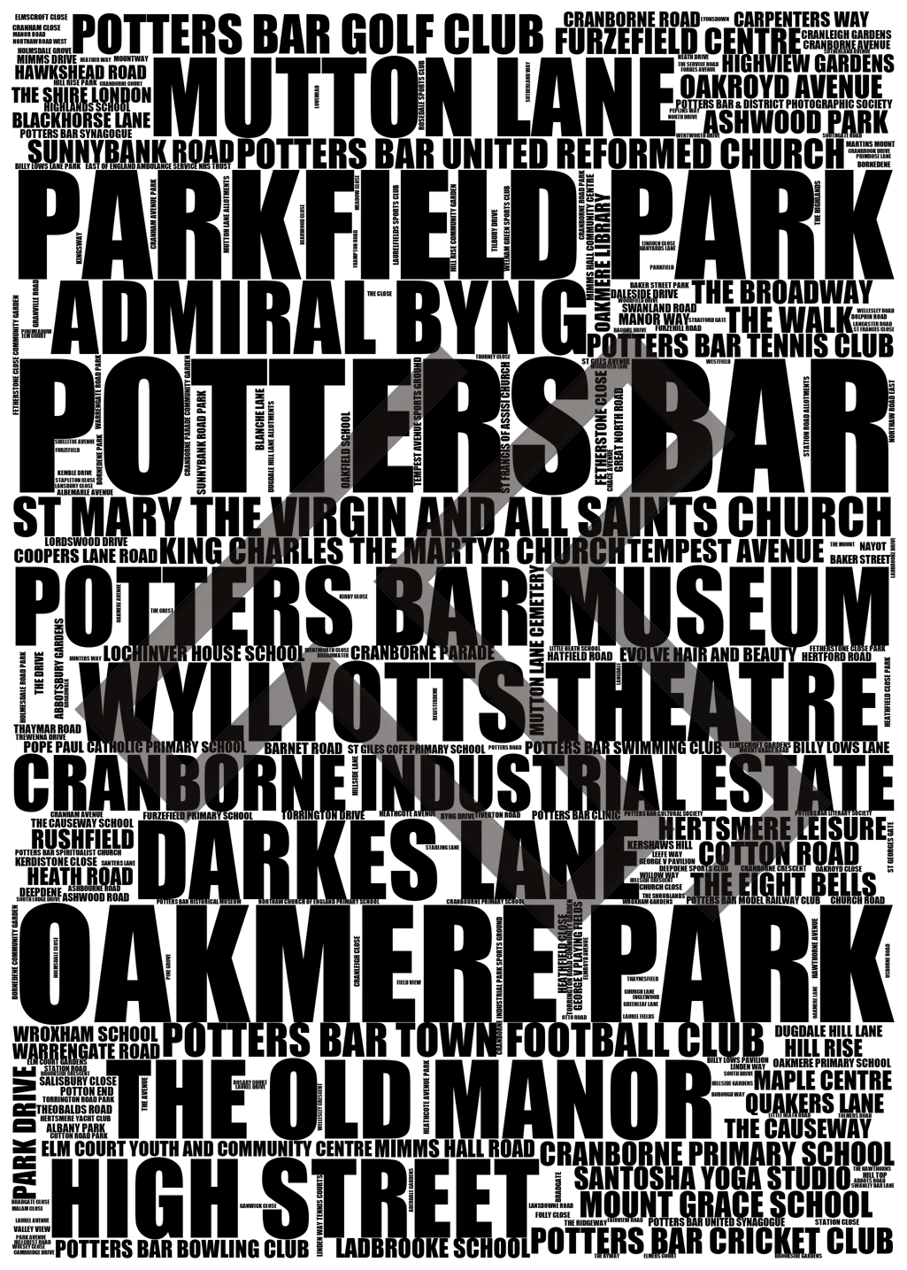 Potters Bar - Premium Typographic Word Cloud Prints, Posters & Gifts