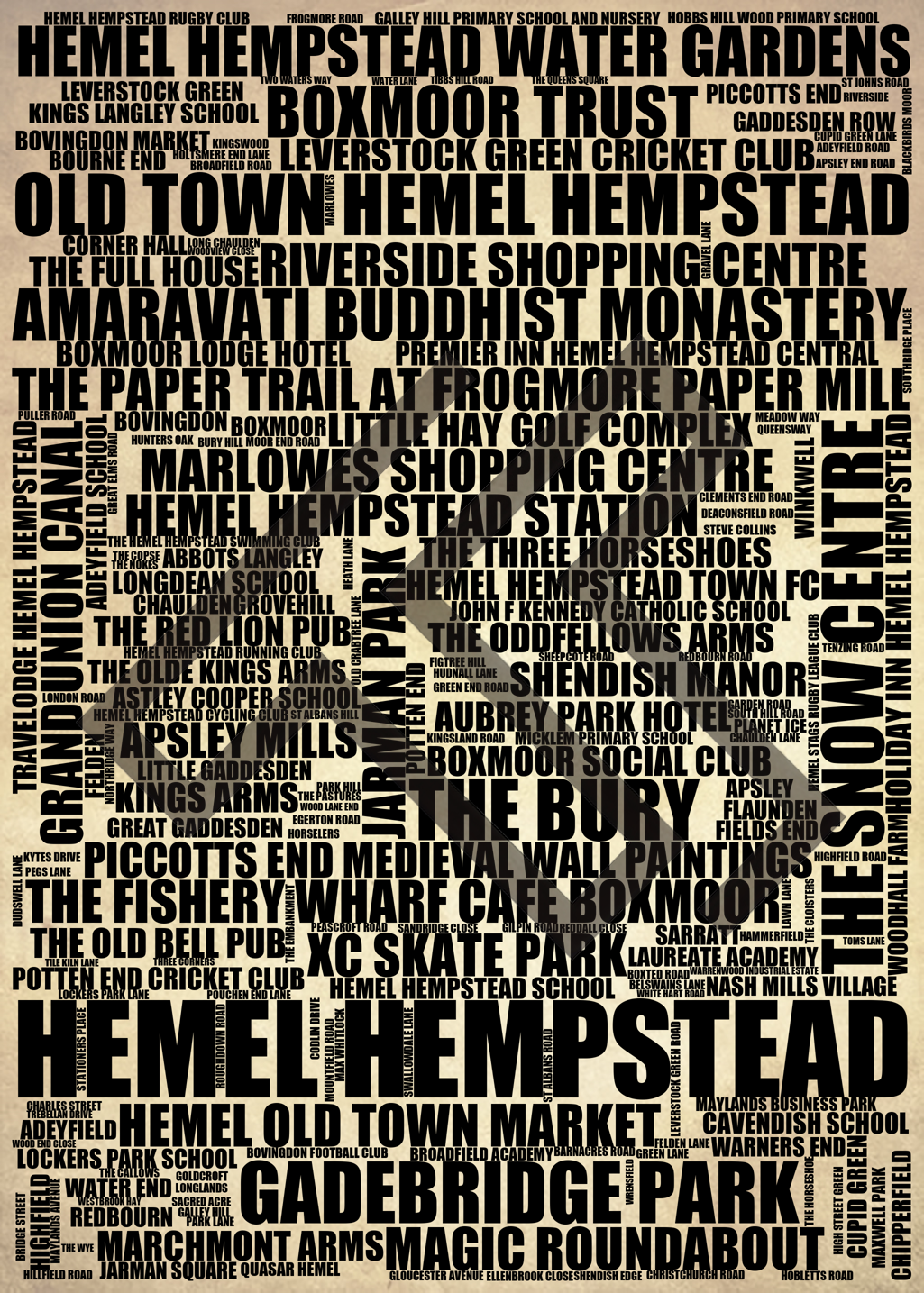 Hemel Hempstead - Premium Typographic Word Cloud Prints, Posters & Gifts