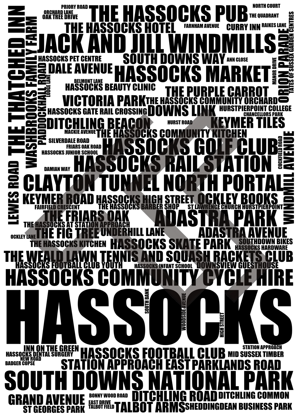 Hassocks - Premium Typographic Word Cloud Prints, Posters & Gifts