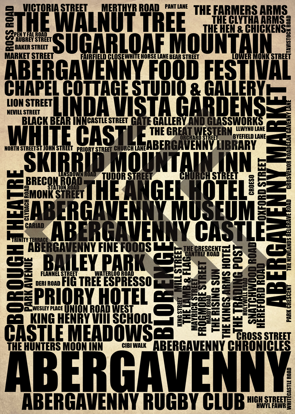 Abergavenny - Premium Typographic Word Cloud Prints, Posters & Gifts