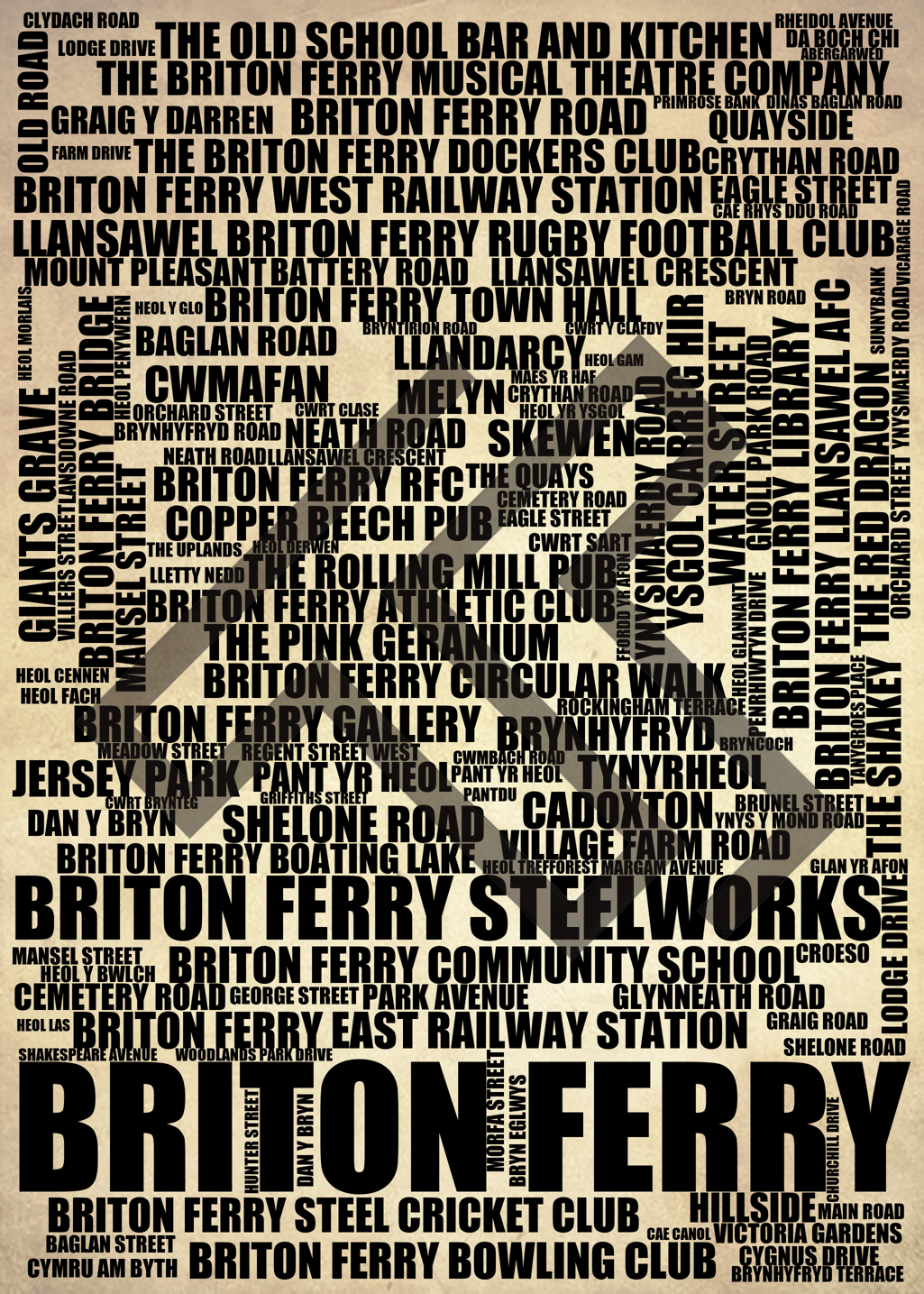 Briton Ferry - Premium Typographic Word Cloud Prints, Posters & Gifts