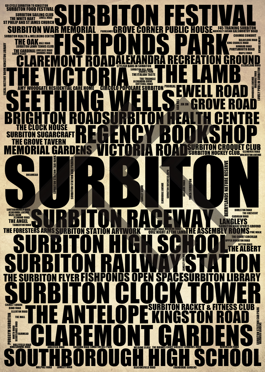 Surbiton - Premium Typographic Word Cloud Prints, Posters & Gifts