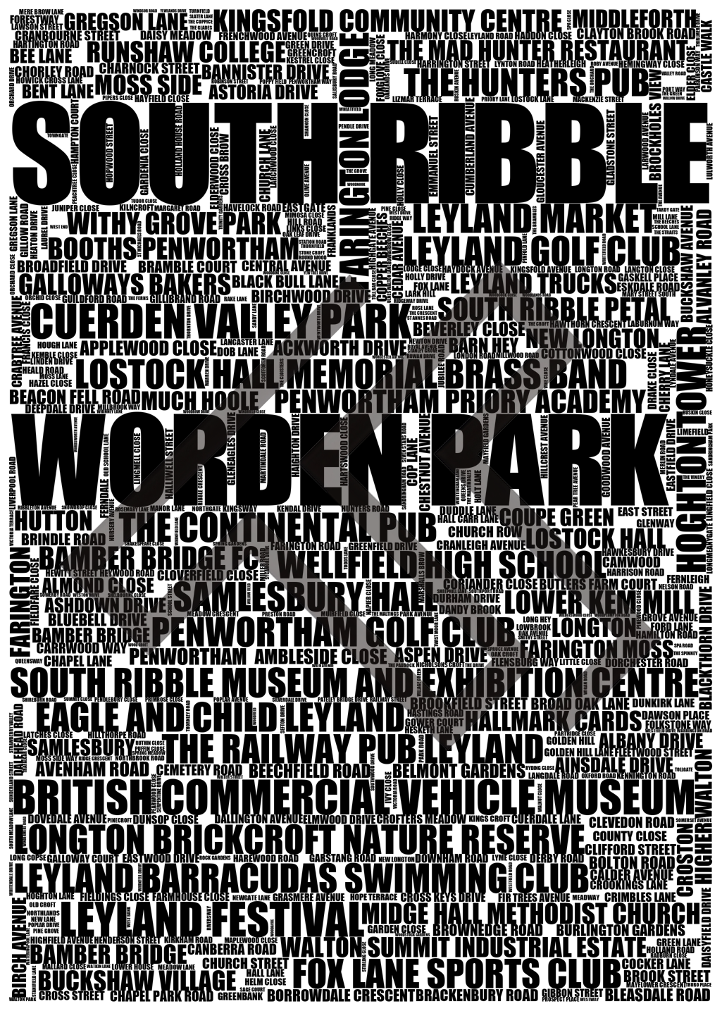 South Ribble - Premium Typographic Word Cloud Prints, Posters & Gifts