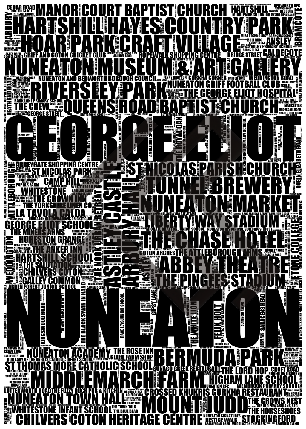 Nuneaton - Premium Typographic Word Cloud Prints, Posters & Gifts